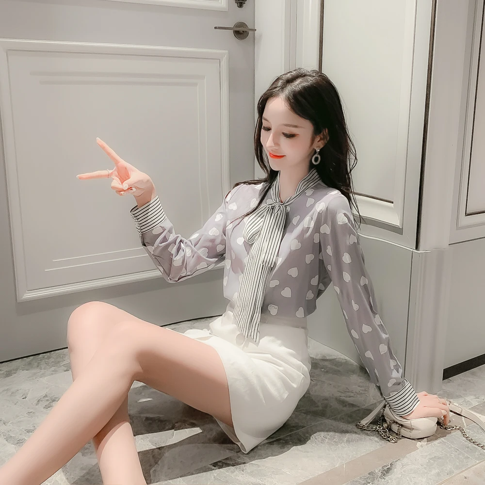 

COIGARSAM Blouse Women Autumn New Long Sleeve Polka Dot Chiffon Light Blue White Blusas Womens Tops And Blouses