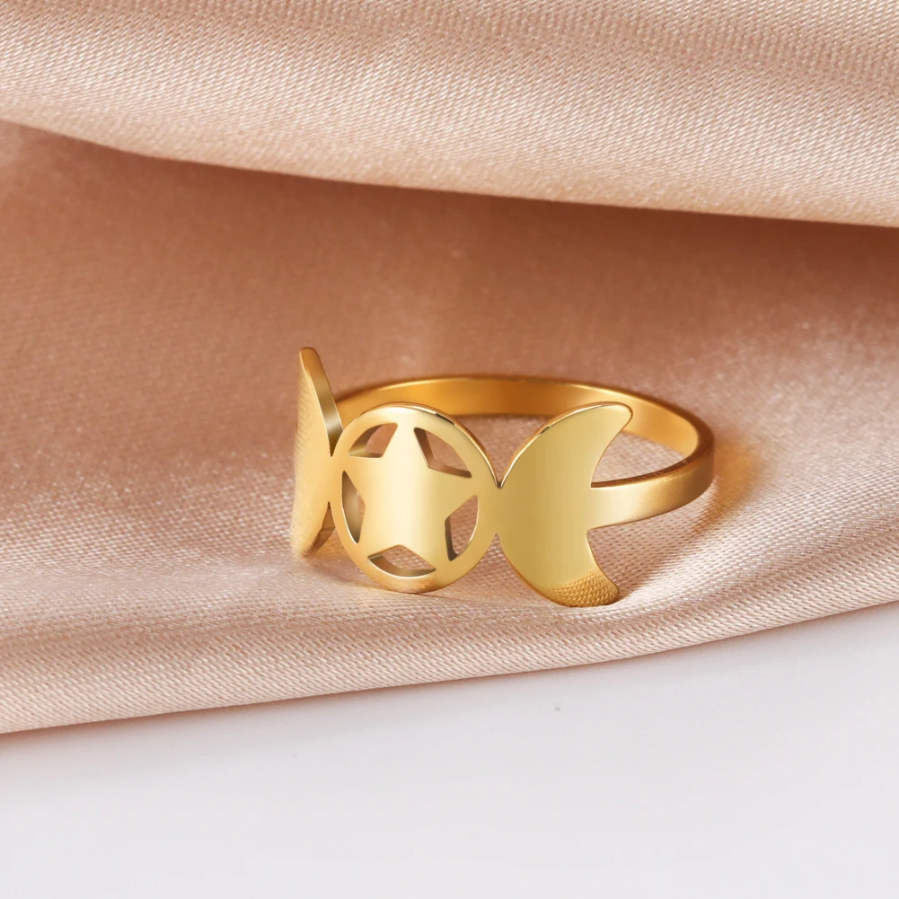 

2021 Fashion Trendy Ring Hollow Triple Moon Goddess Wicca Witchcraft Pentagram Women Girls Finger Rings Stainless Steel Jewelry