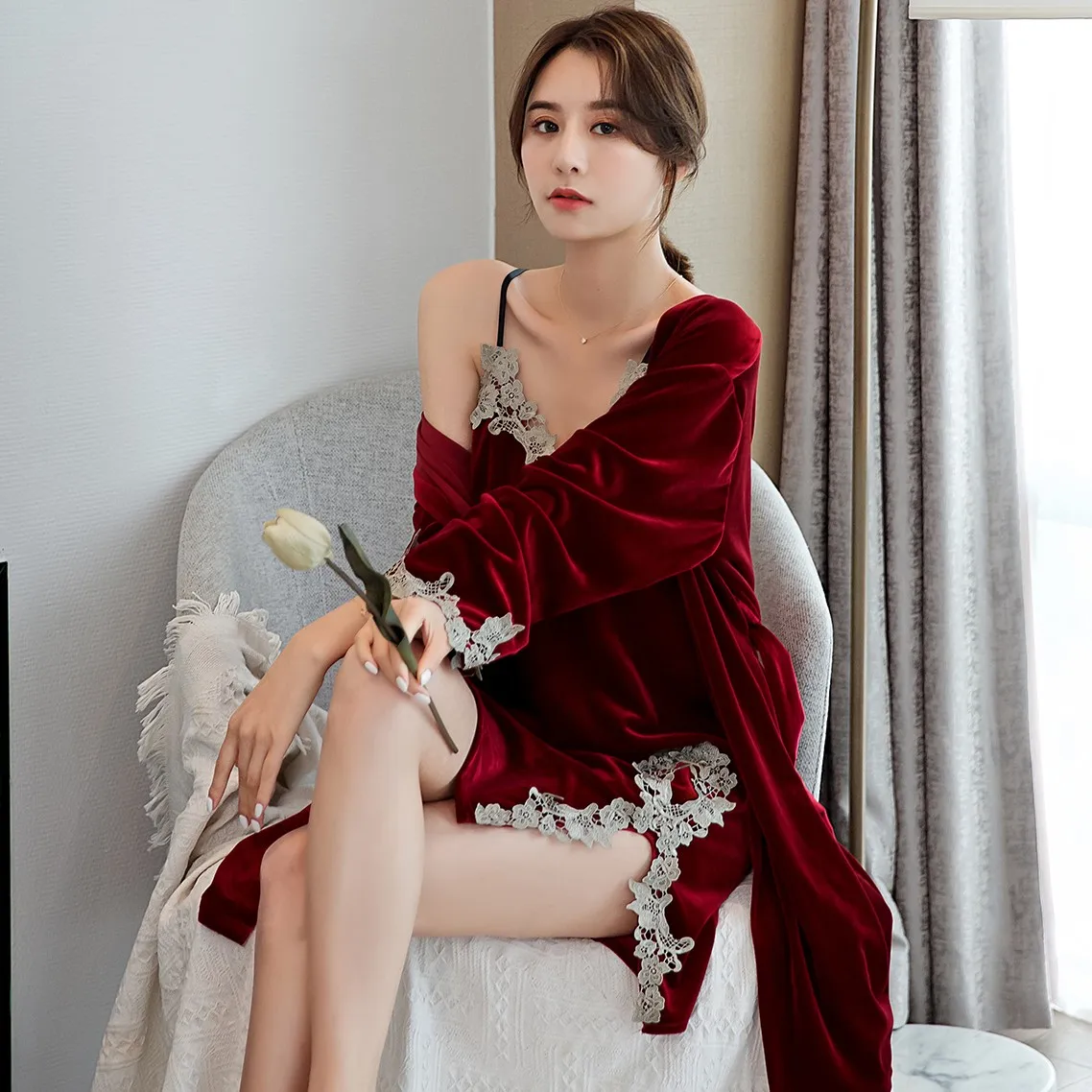 

Nighty&Robe Set Autumn New Lady Velour Nightgown Casual Soft Kimono Bathrobe Gown Sleepwear Sexy Lace V-neck Nightdress Homewear