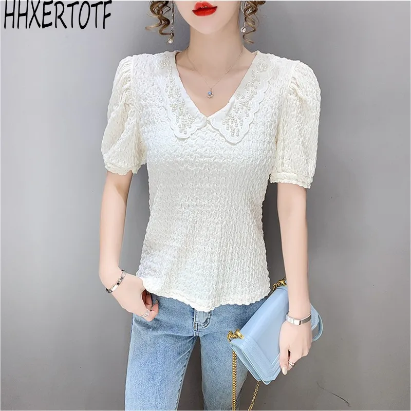 

Женский кружевной топ с коротким рукавом, повседневный однотонный облегающий топ с V-образным вырезом и бусинами, лето 2021