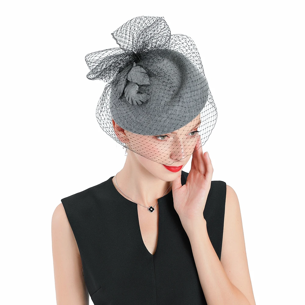 Fedoras Wool Leaf Hat Gray Fascinator For Women Elegant Church Wedding With Veil Cap Cocktail Tea Party Hair Clip Hat Girls