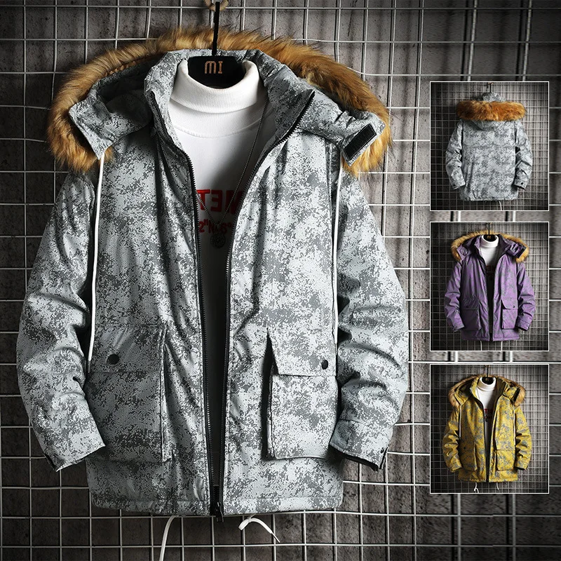 Winter menjacket Luminous color fur collar thickened keep warm winter personality trend loose casual high quality jackets