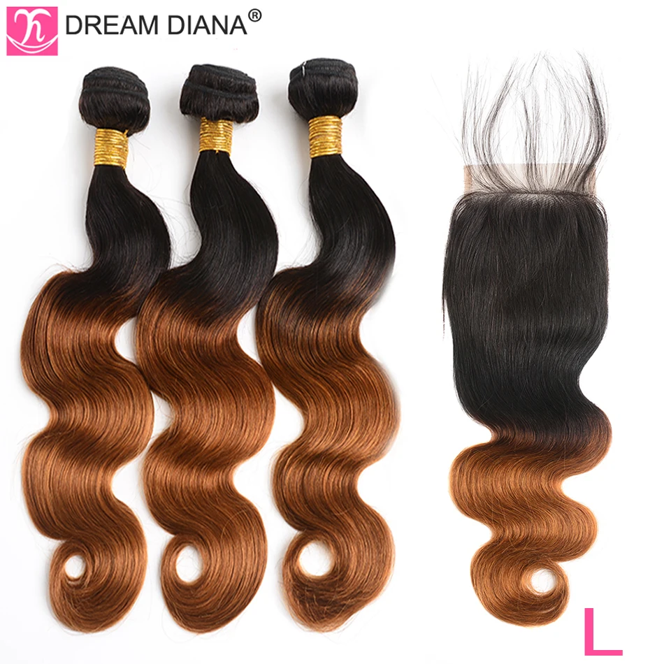 DreamDiana Ombre Малазийская волна тела с закрытием двух тонов 1B 30 1"-26" L Омбре пучки волос Remy с закрытием человеческих волос