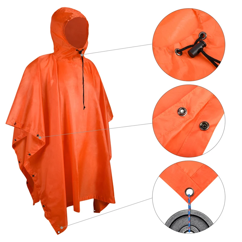 

3 in 1 Hooded Rain Poncho Waterproof Raincoat Jacket for Men Women Adults Outdoor Tools Camping Hiking Travel Rain Gear Tent Mat