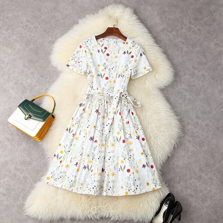 

Europe and the United States women's clothing New Summer 2021 Short sleeved hollowout flower print Fashion pleated dress