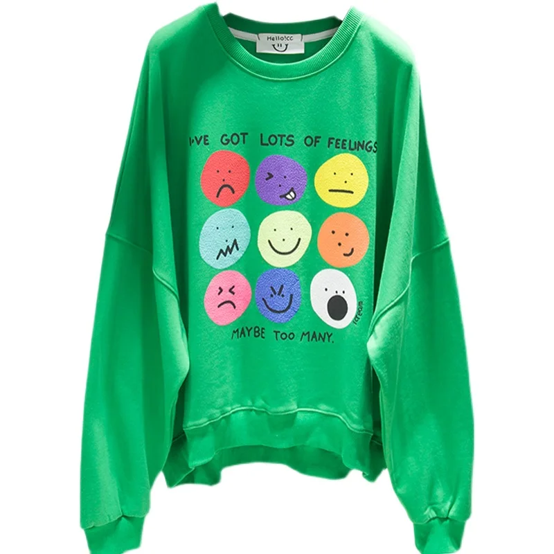 

2021 Spring New Hoodie Women's round Neck Smiley Face Print Idle Style Korean Ins Long Sleeve Top BF plus Size Sweatshirt