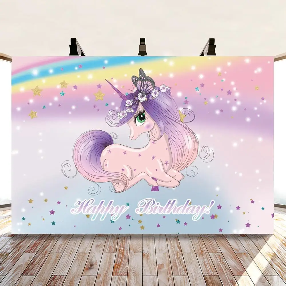 

Beauty Purply Ponytail Glitter Rainbow Stars Party Decor Backdrops Photography Cartoon Unicorn Girl Princess Birthday Background