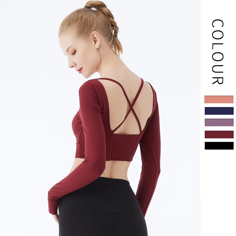 

The spring and autumn period and the long sleeve T-shirt girl back cross sports fitness yoga suit long sleeve