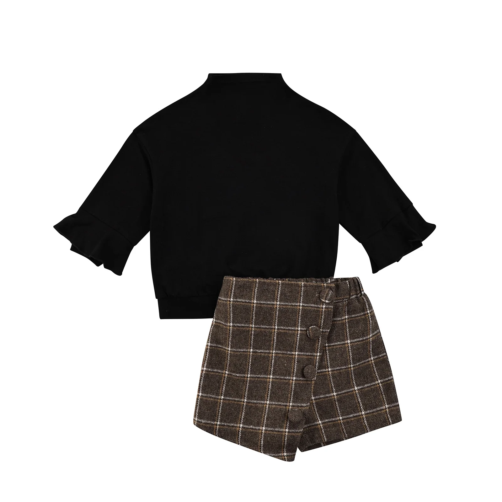 

2Pcs Toddler Casual Autumn Cotton Outfits Kids Baby Girls Solid Color Long Sleeve Round Neck Pullover Tops Button Plaid Shorts
