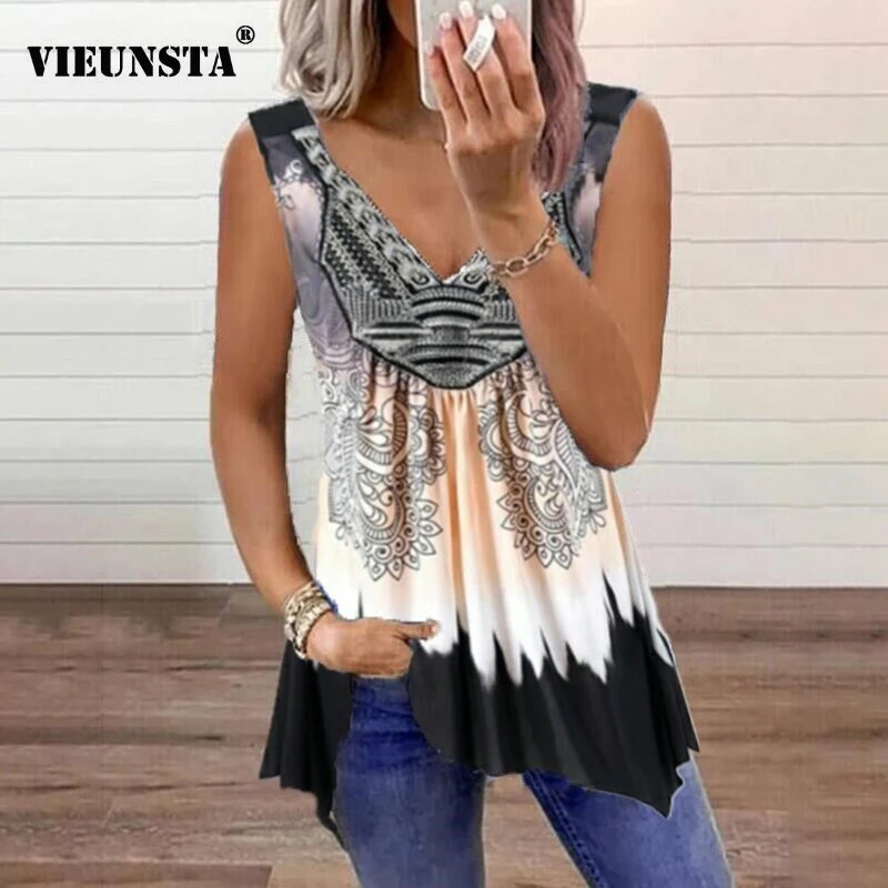 

Women Vintage Pattern Print Blouse Shirt Spring Sexy Deep V Neck Sleeveless Vest Tops 2021 Summer Loose Irregular Pullover Blusa