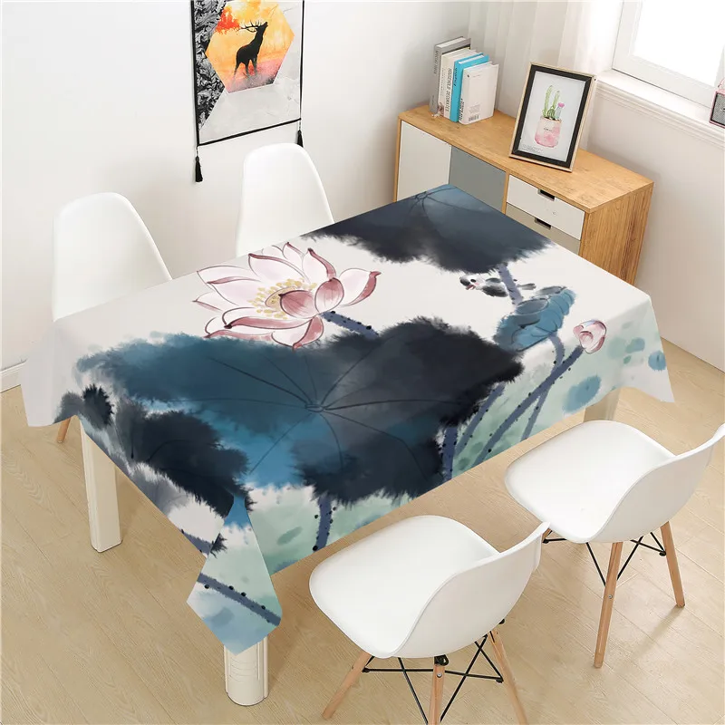 

Ink lotus Tablecloth polyester Hotel Picnic Table Rectangular Table Covers Home Dining Tea Table Decoration