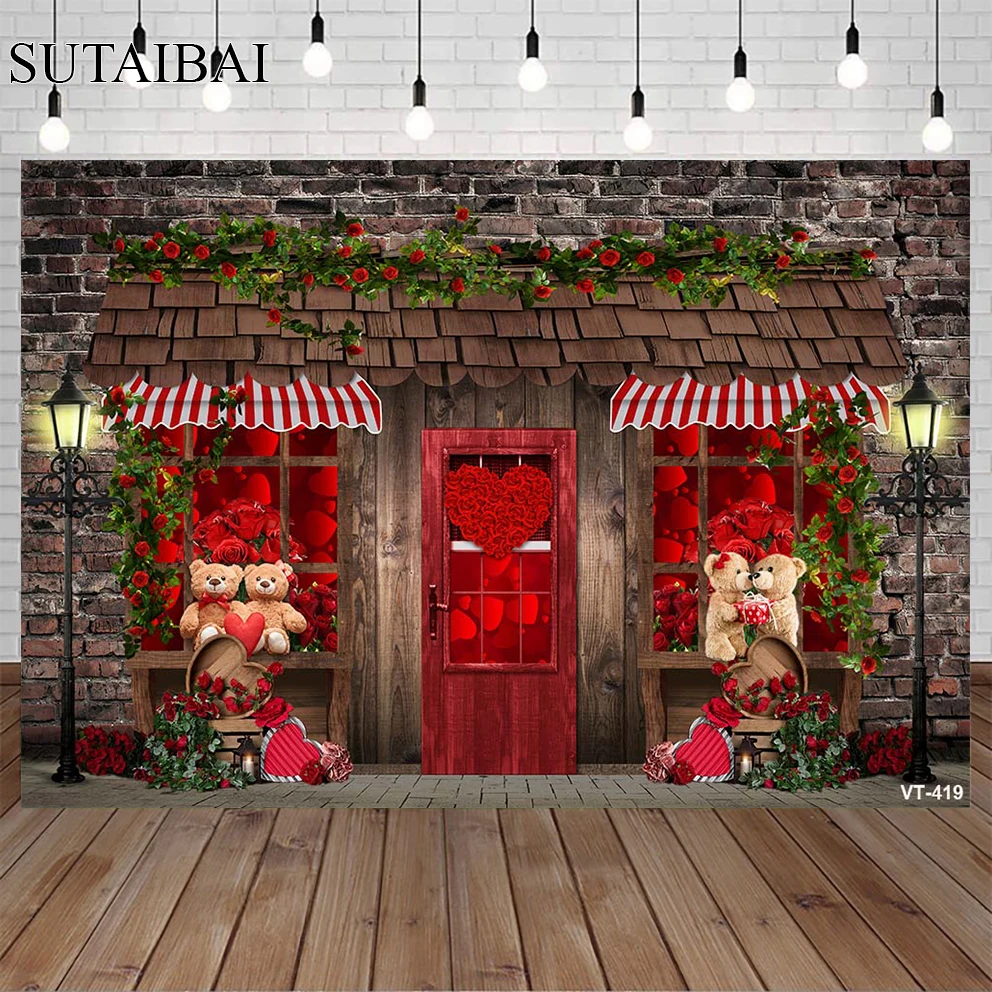 

Valentine's Day Flower Shop Red Wooden Door Photography Background Bride Teddy Bear Rose Wedding Background Lovers Portrait