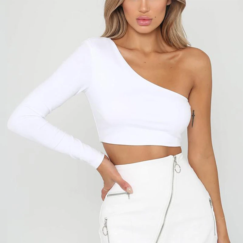 

2021 Summer New Women's Fashion Casual One Shoulder Unique Long Sleeve Black T-shirts Crop Tops Slim Basic Tees For Lady Clothes