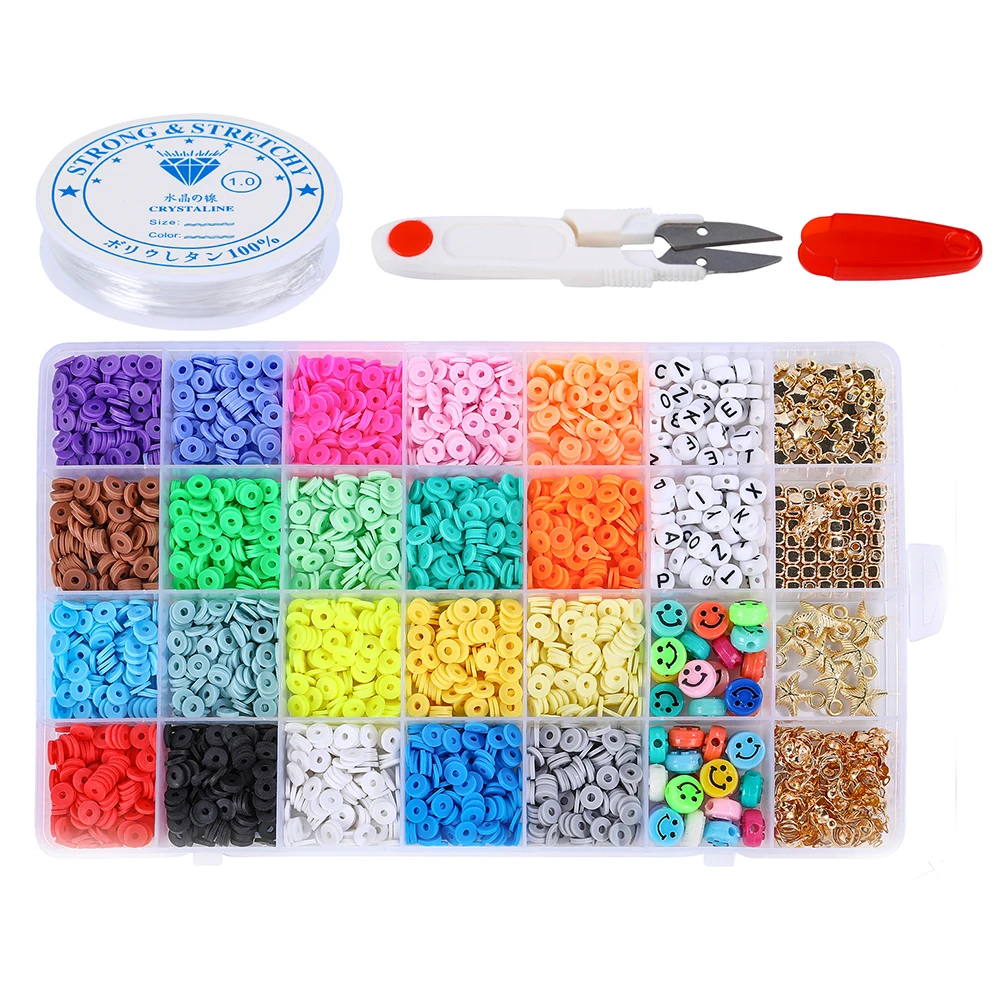 

4000PC Polymer Clay Necklace Kit Flat Round Clay Beads With Elastic Strings Pendant Charms For Jewelry Making Bracelets Necklace