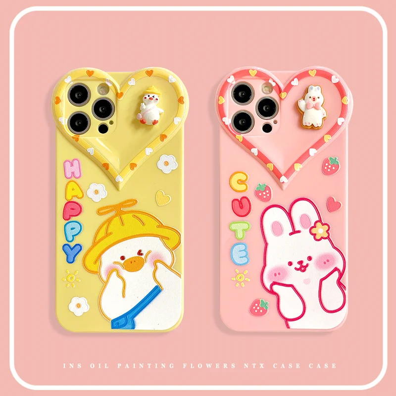 

Korean Cute PINK Rabbit Duck Love Heart Camera Lens Frame Soft Case For IPhone 7 8 Puls X XR XS 11 12 Pro Max Protection Cover