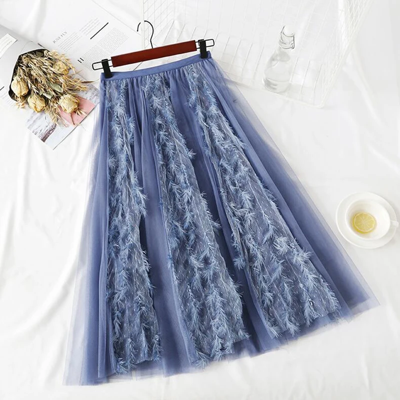 Женская длинная юбка с перьями элегантная трапеция из фатина бахромой и высокой