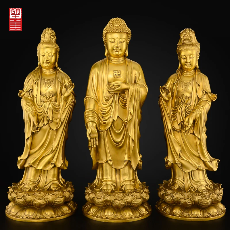 

Pure Copper Western Trinity Standing Statue Buddha Ornament Amitabha Buddha Statue Guanyin Mahasthamaprapta Home Worship