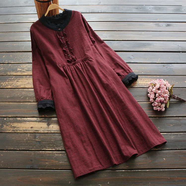 Женское платье на осень и весну 2020 хлопок лен в клетку с длинным рукавом
