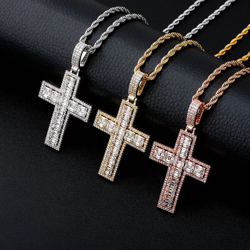 

Hip Hop Claw Setting AAA+ Cubic Zirconia Bling Iced Out Double Layer Cross Pendants Necklaces for Women Men Rapper Jewelry Gift