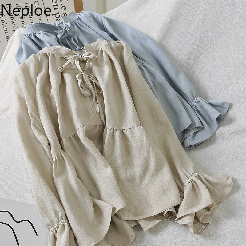 Neploe, Ретро стиль, свободная, однотонная, на шнуровке, с бантом, дизайнерская блузка, для женщин, с круглым вырезом, расклешенная, с длинным рукавом, Blusas Mujer, на осень и весну, праздничная, новая рубашка