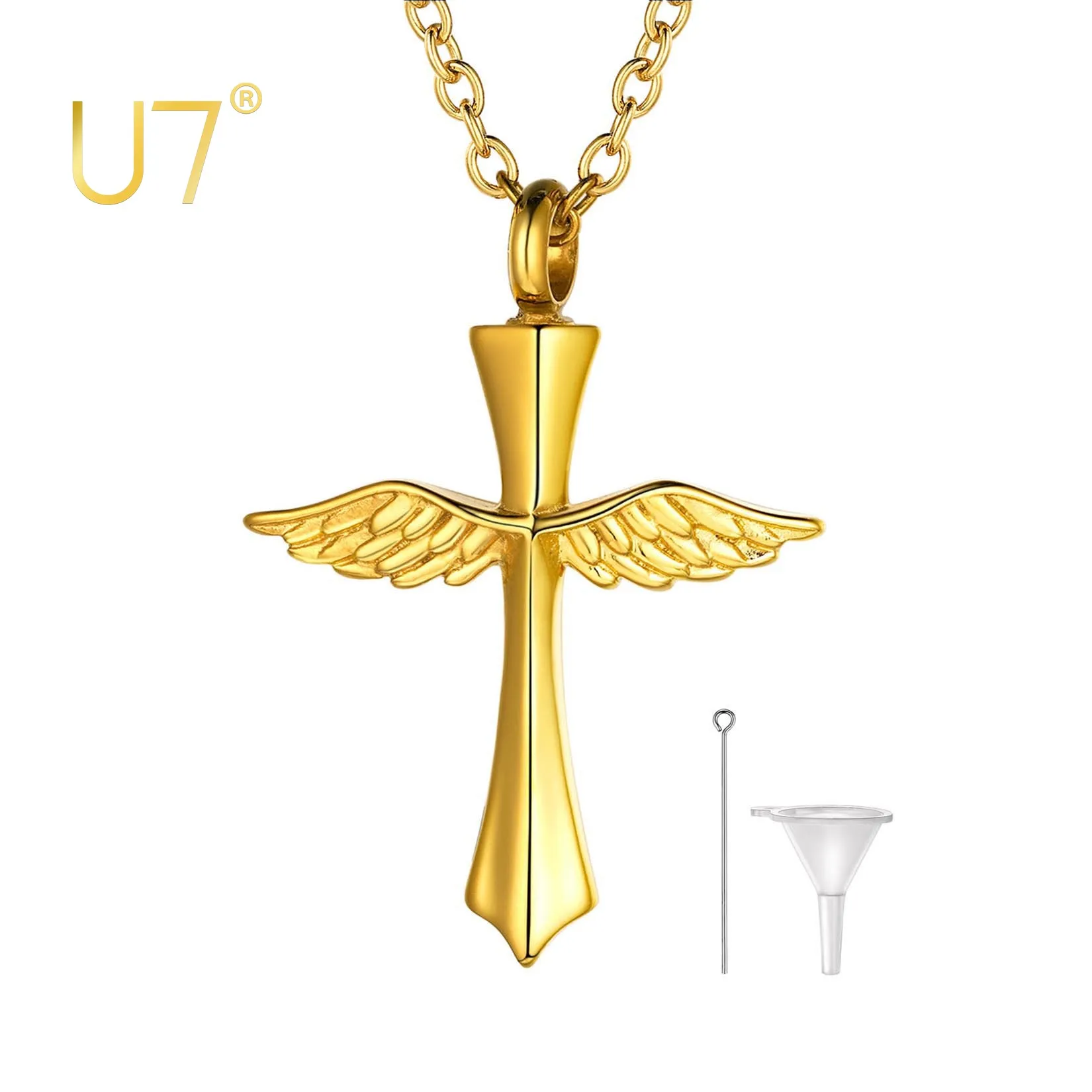 

U7 урна ожерелье для человека/питомца/собаки пепел водонепроницаемый Keepsake кремации ювелирные изделия крест крыло ангела кулон для мужчин же...