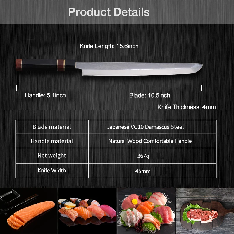 11 дюймов Профессиональный сашими суши Ножи Кухня японской дамасской VG10 Сталь Core