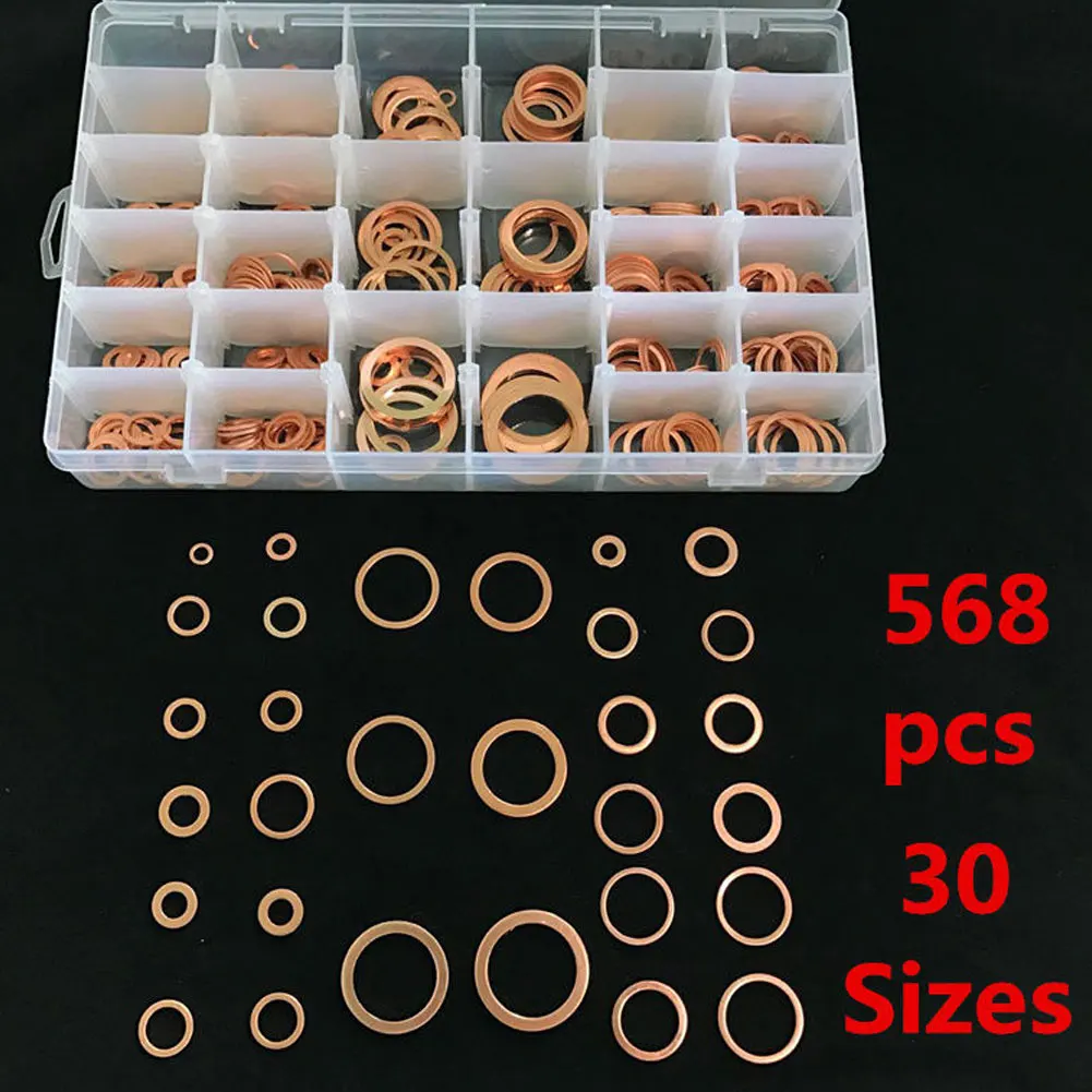 

568 шт. золотые медные шайбы, Уплотнительные Шайбы, простые плоские прокладки, уплотнительные прокладки для масла, ремонт магнитных прокладо...