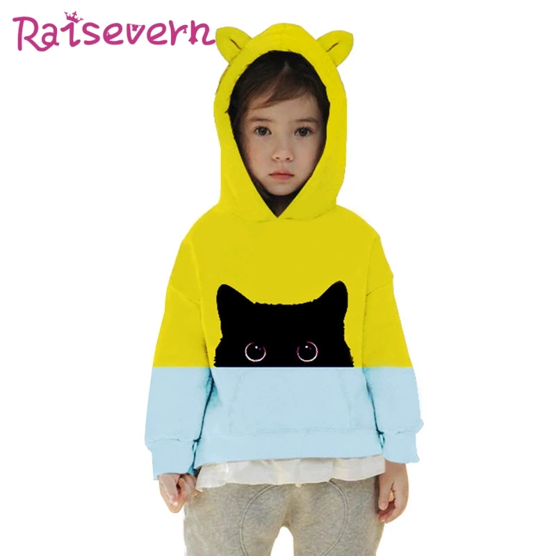 RAISEVERN Cat Print Cat Ear Children Hoodies Unisex Animal Printed Hooded Kids Girls Boys Sweatshirts Jackets Autumn