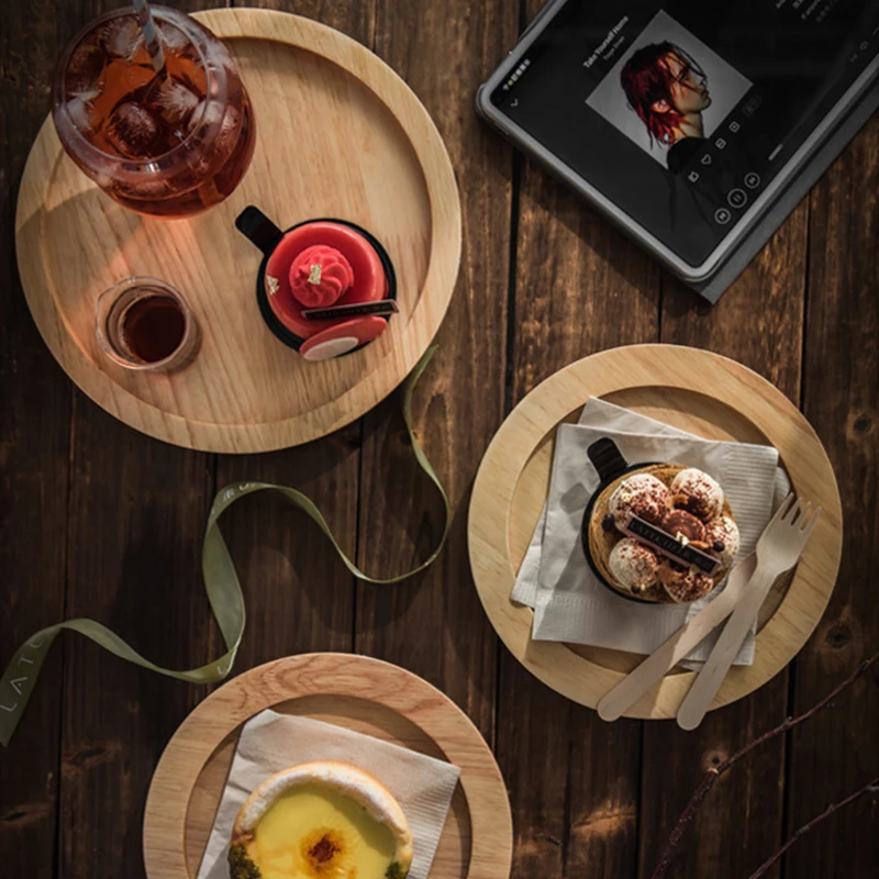 

4Pcs Whole Oak Wood Cake Dessert Plate Round Fruit Snack Candy Sushi Bread Cake Serving Tray Dish Set Dinner Plate Tableware Set