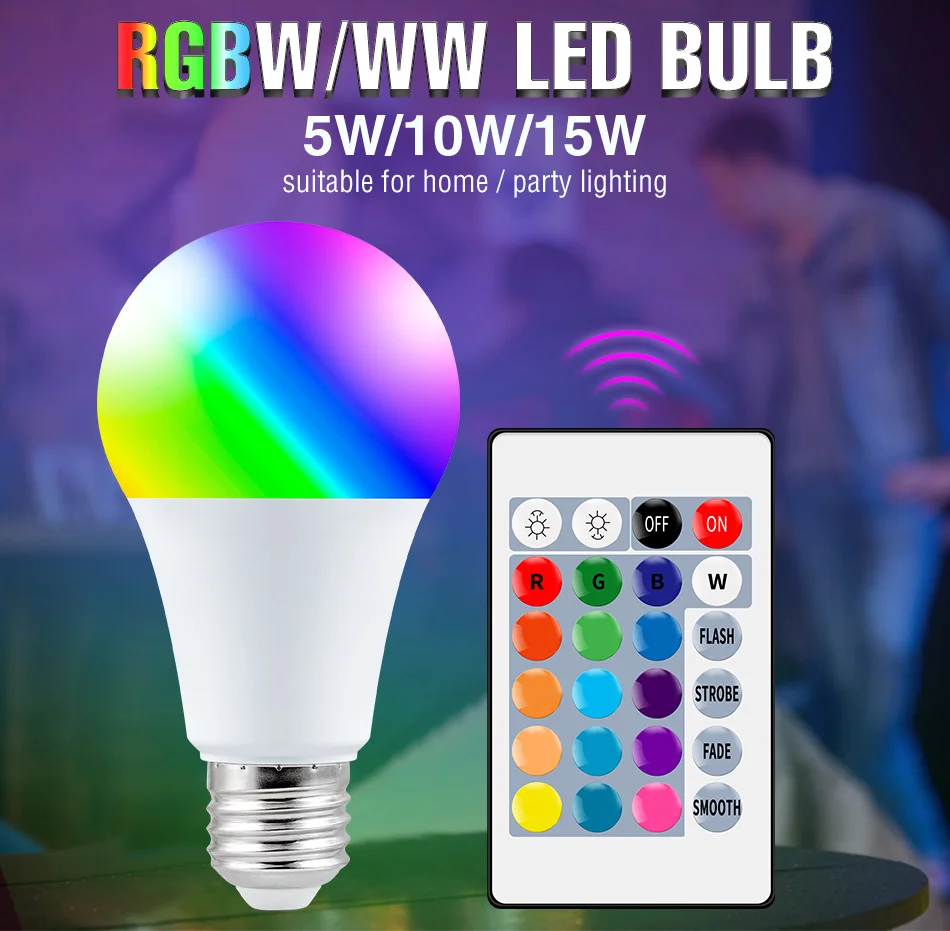 

E27 Smart Control Lamp Led RGB Light Dimmable 5W 10W 15W RGBW Led Lamp Colorful Changing Bulb Led Lampada RGBW White Decor Home