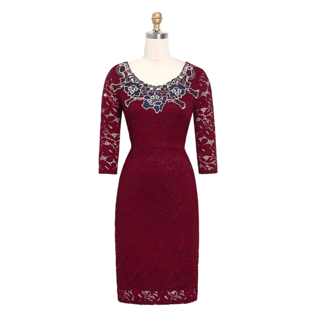 

BacklakeGirls 2020 Elegant Women 3/4 Sleeve Burgundy Cocktail Dress V Neck Lace Short Bodycon Party Dress Robe De Cocktail