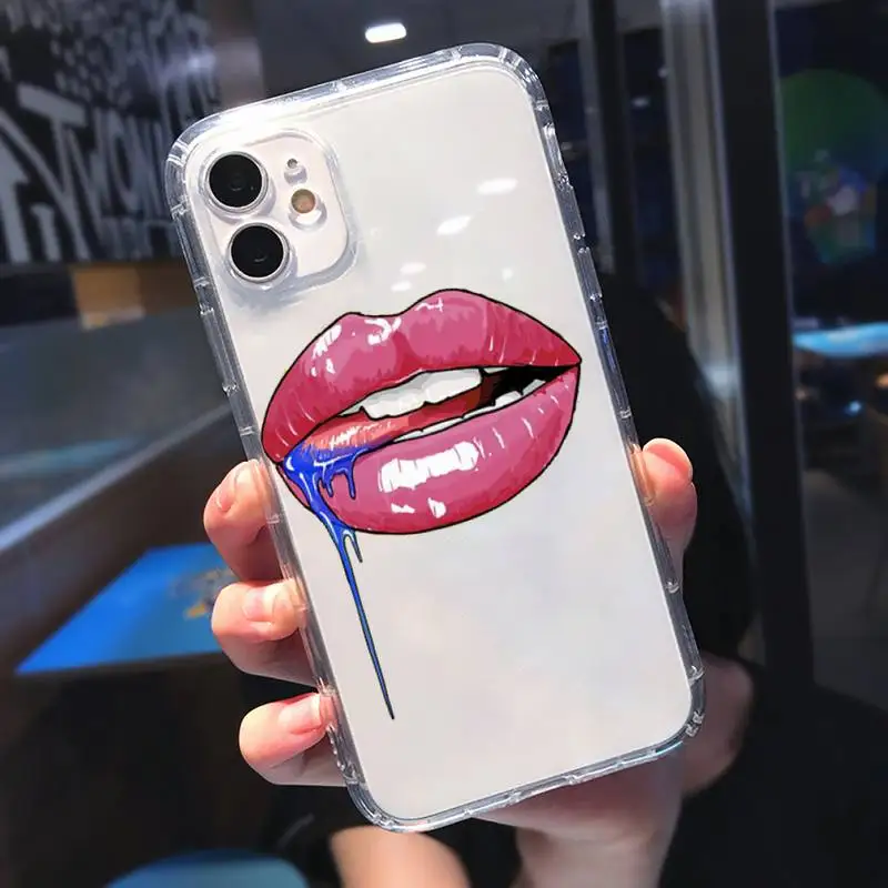 

Sexy lady make up Pink Red lips Phone Case Transparent for Clear iPhone 11 12 mini pro 8 7 6 6S XS MAX Plus X 5S SE 2020 XR