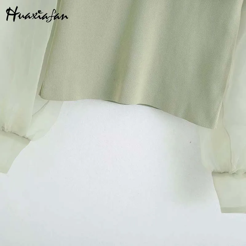 

Huaxiafan Mesh Patchwork Knitted Blouse Women Tops Ruffles Autumn Casual Elegant Lady Long Sleeve Blouse Female 2020 New Fashion