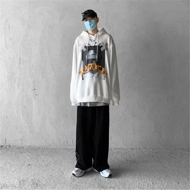 

Dark black hooded men's winter new Asian style figure printing trend retro loose Plush jacket