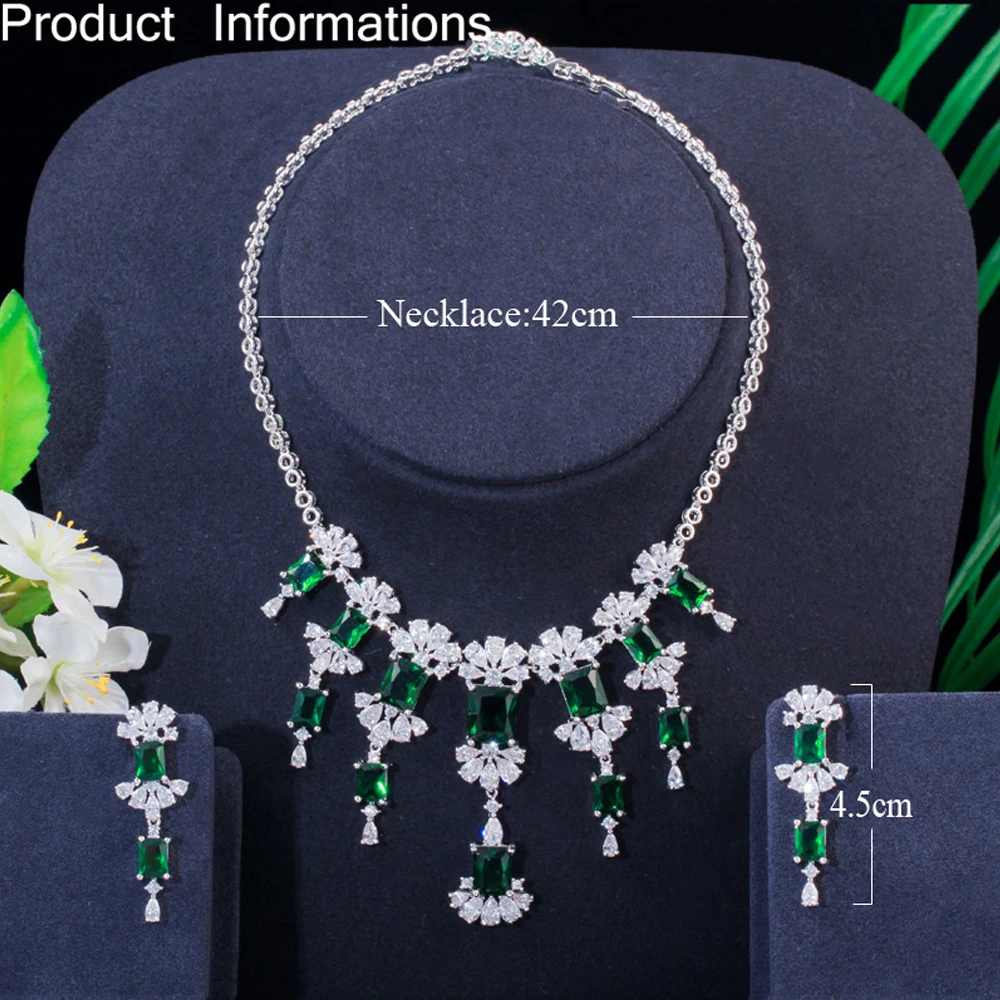 

ThreeGraces Luxury Design Green CZ Crystal Bridal Anniversary Flower Drop Necklace and Earrings Jewelry Sets for Women T0616