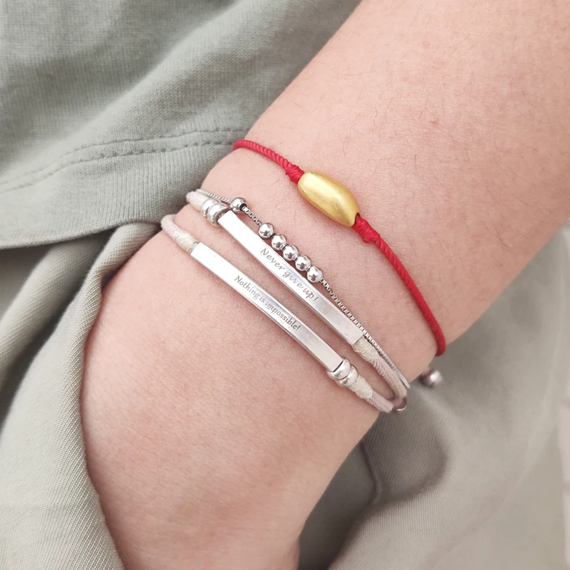 925 Sterling Silver Handmade Pink Red Black Rope Custom Name Bracelet Engraved Date Letter Two Layers Personalized Woman Jewelry