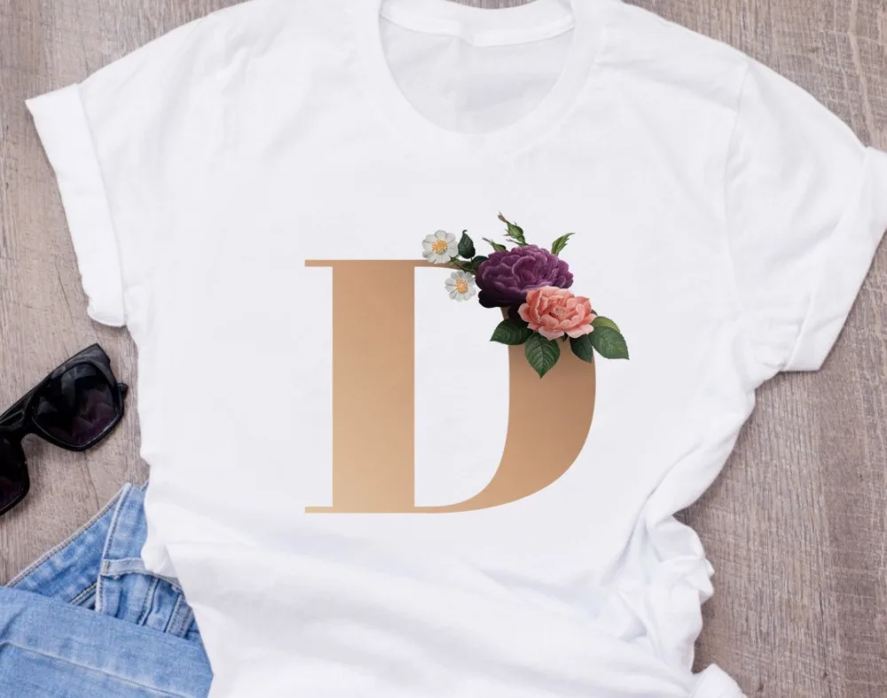 

combination fashion women's High quality printing T-shirt Flower letter Font A B C D E F G Short sleeve Custom name letter Tops