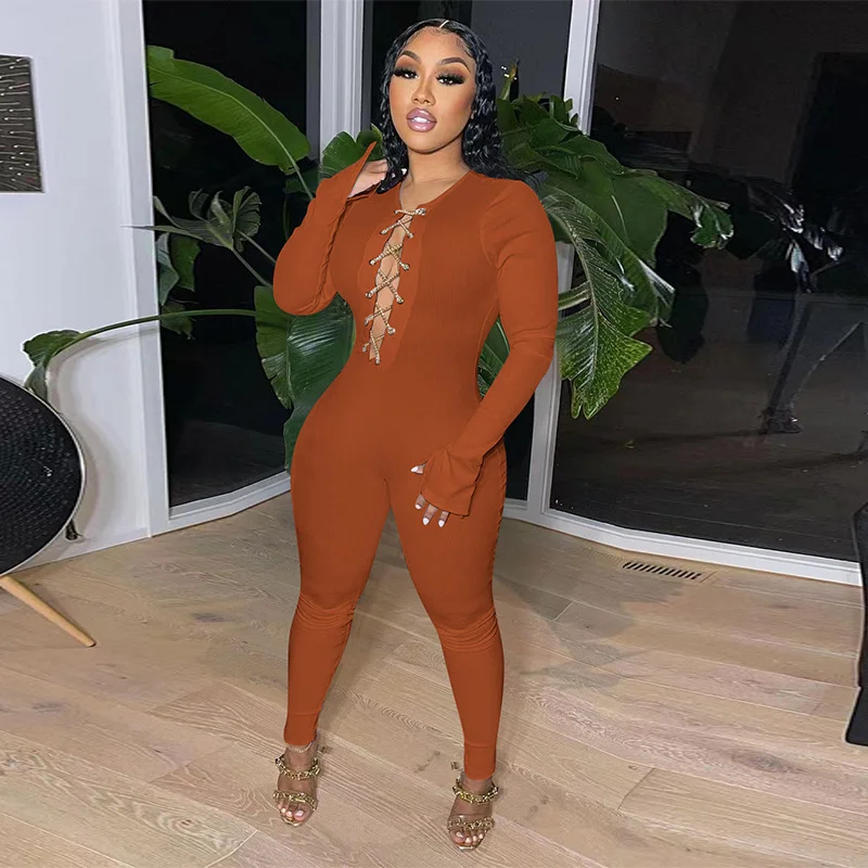 

Женский Облегающий комбинезон на шнуровке, элегантный эластичный комбинезон с длинным рукавом и металлической цепочкой, Клубная одежда с в...