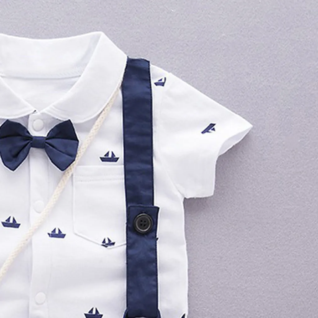 0-3T baby short-sleeved bowknot cartoon printing suspenders gentleman suit Siamese fashion jumpsuit solid S4 |