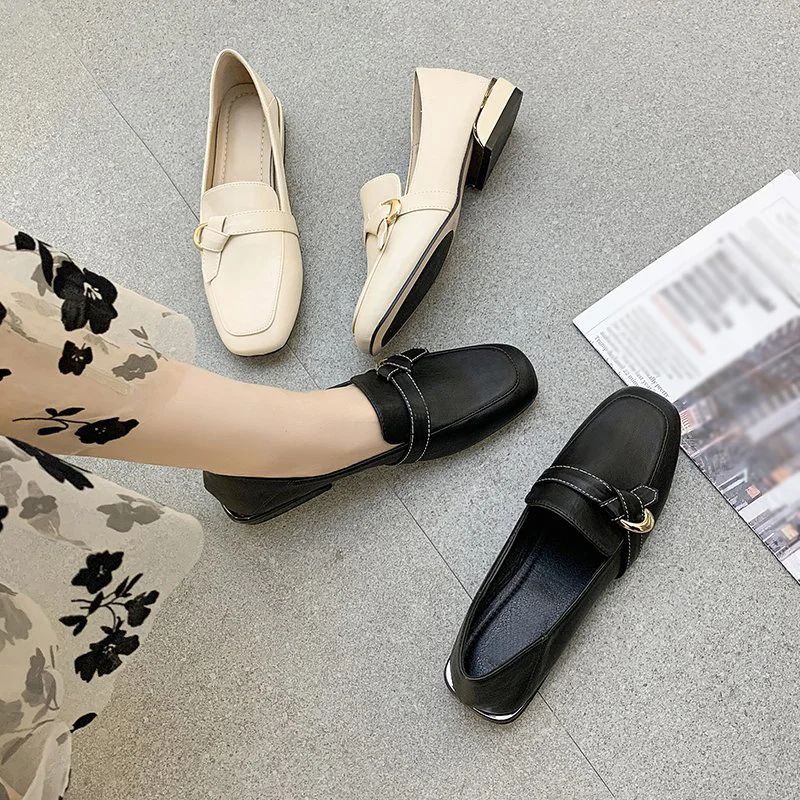 

Women's Fashion Loafers, Black Casual Flat Shoes (Leather, Square Toe)