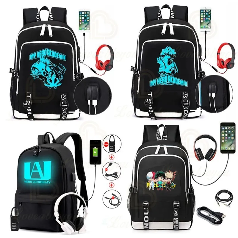 

My Hero Academia Fashion USB Charging Night Luminous Backpack Laptop Backpack Men Women Bag Teenagers School Bag Travel Bag