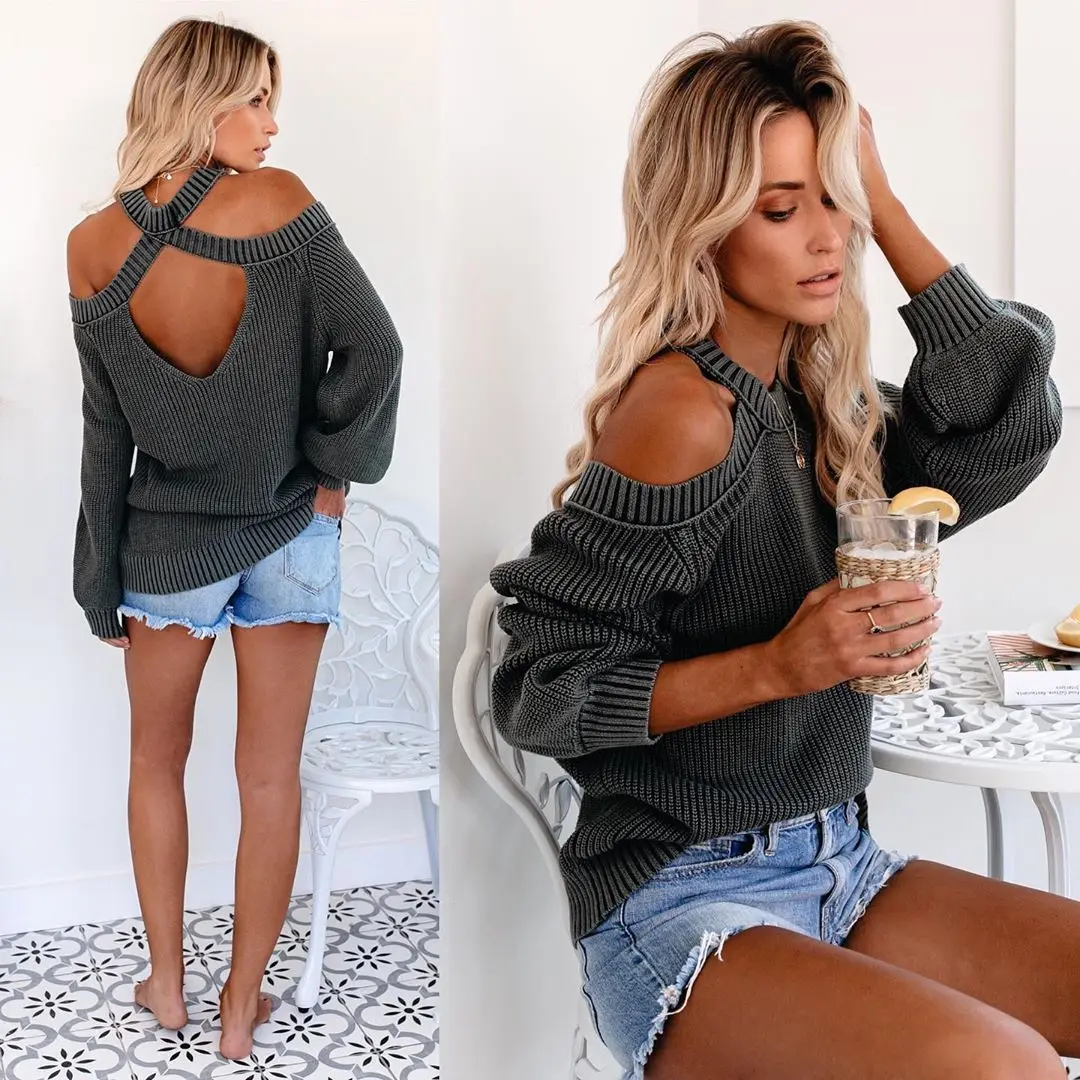 

XUXI 2020 Women Autumn Sweater Fashion Streetwear Vintage Long Sleeve Dew Shoulder Large Size New Knitting pullover FZ2525