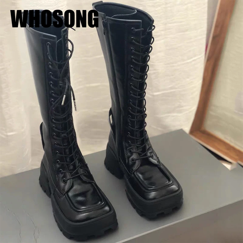 

Женские ботинки до середины икры, на платформе, с квадратным носком