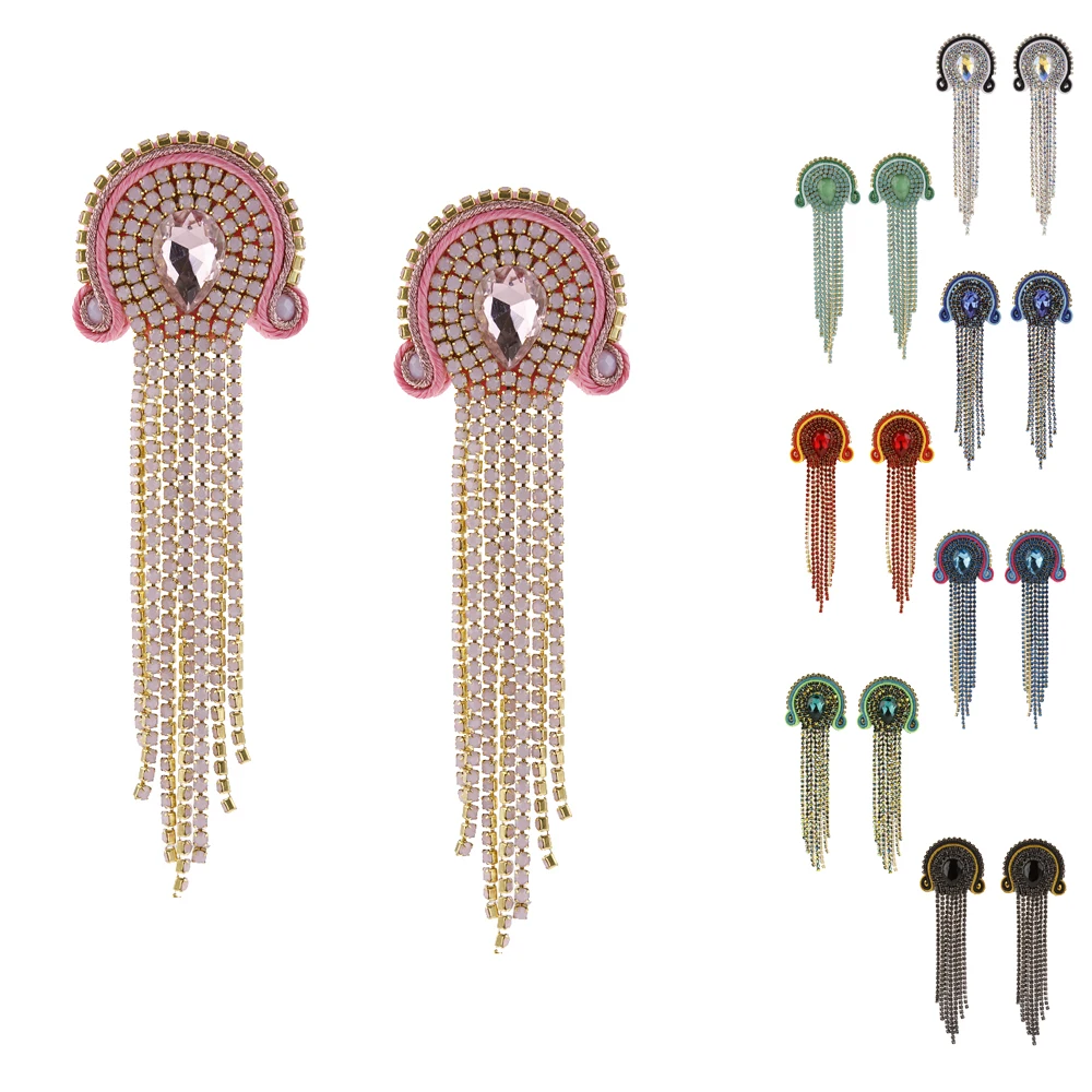 

KPacTa 2020 New Handmade Weaving Soutache Vintage Full Crystal Long Tassel Drop Earrings For Women Temperament Earring Banquet