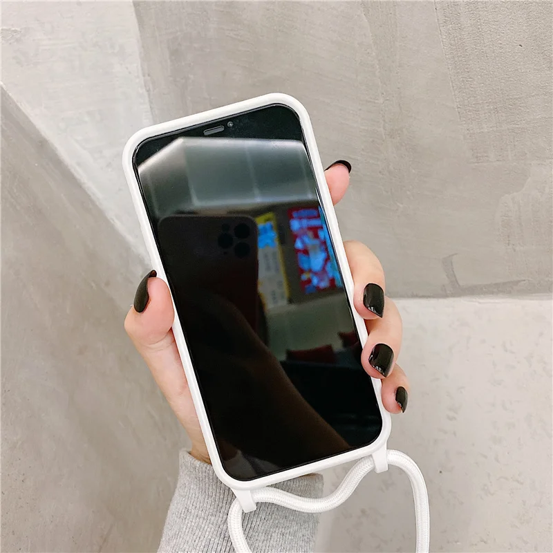 

Liquid Silicone Case For IPhone 12 Mini 11 Pro XS Max XR 6S 8 7 Plus SE 2020 Holder Neck Strap Cord Soft Cover