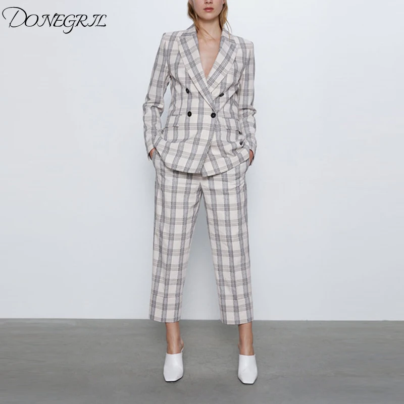 Женский комплект из двух предметов Осенний двубортный клетчатый костюм в