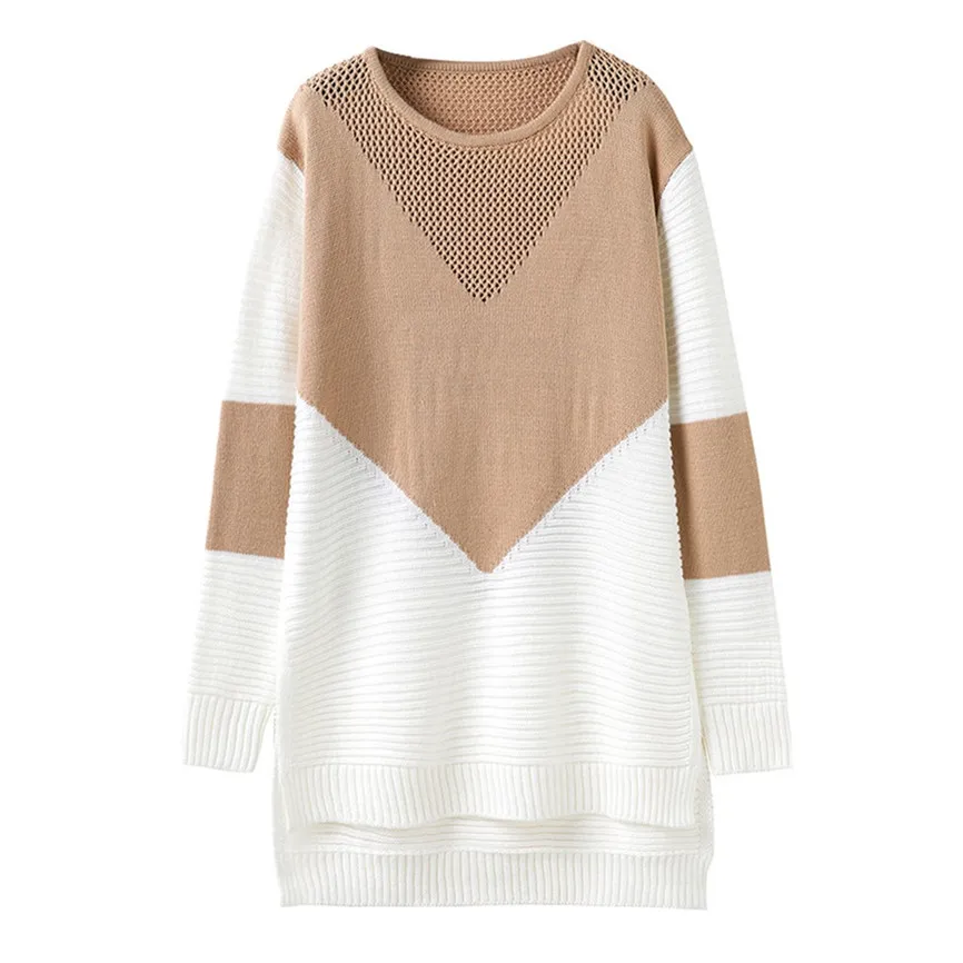 Sueter Mujer Invierno 2019 Women's Fashion Long Sleeve Colorblock Hollow Knitted Sweater Wrap Pullover Loose Casual Army Top | Мужская