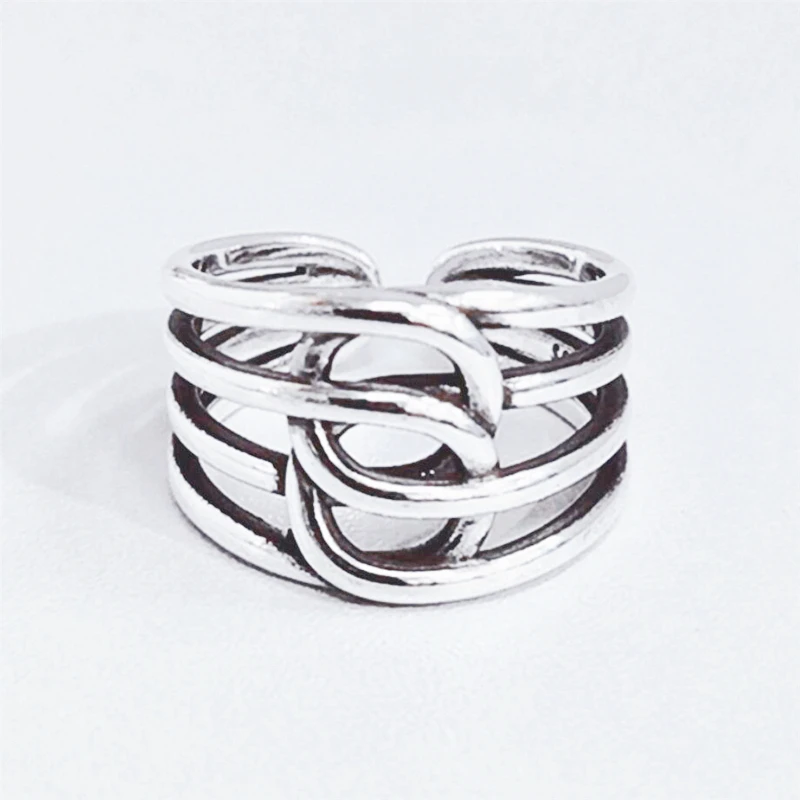 

Sole Memory Multilayer Geometry Circle Weave Lines Cross Silver Color Female Resizable Opening Rings SRI461