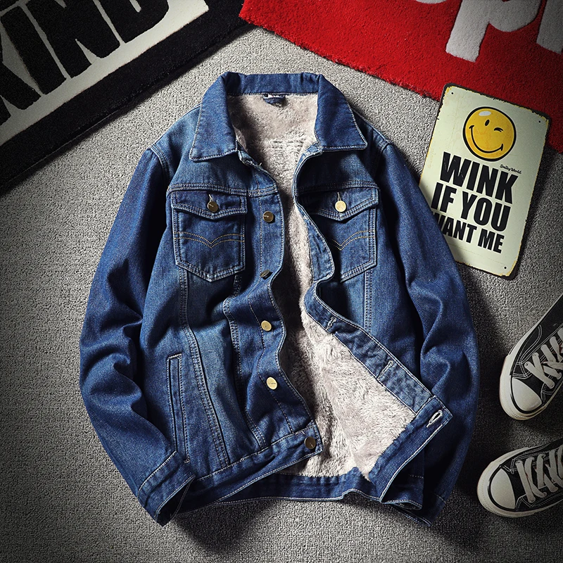 Мужские осень-зима плюс толстый бархат джинсовая куртка с эффектом