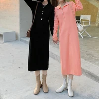 women casual maxi dress loose knit dresses lapel collar long sleeve oversized woman long dress
